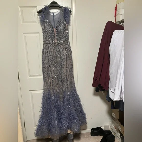 jovani 02326 beaded feather embellished dress Jovani 03023 Size 2 Light Blue Sheer Feather Prom Dress Plunging Neck Wedding Gown Pageant Gown main image 1